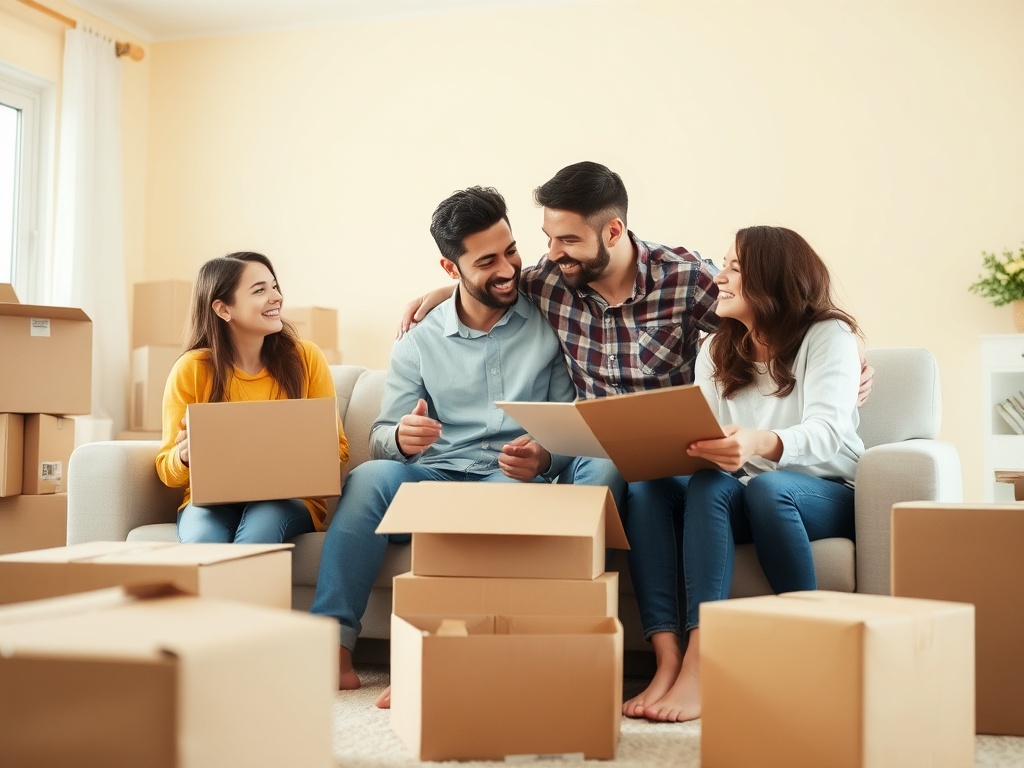 Четыре человека сидят на диване среди коробок, общаются и улыбаются, наслаждаясь моментом.