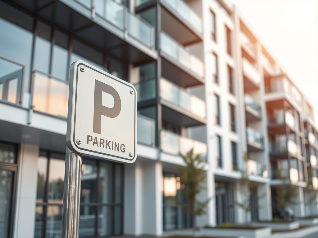 Знак парковки перед современным жилым зданием с большими балконами и зелеными насаждениями.