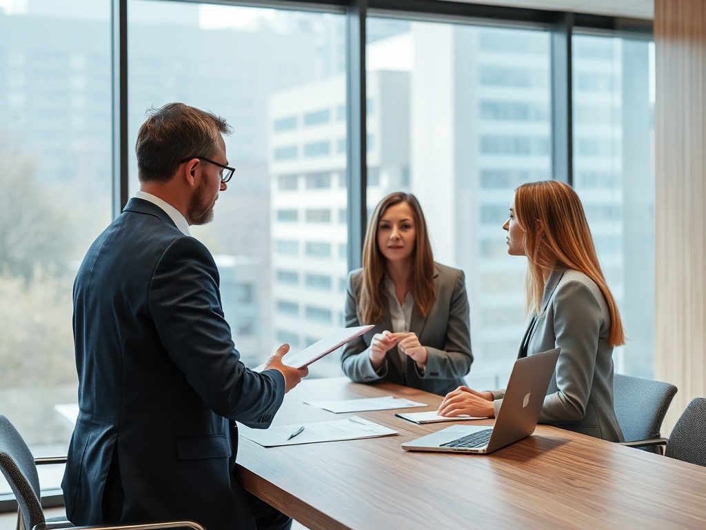 Трое людей в деловых костюмах обсуждают документы за столом в офисном кабинете.