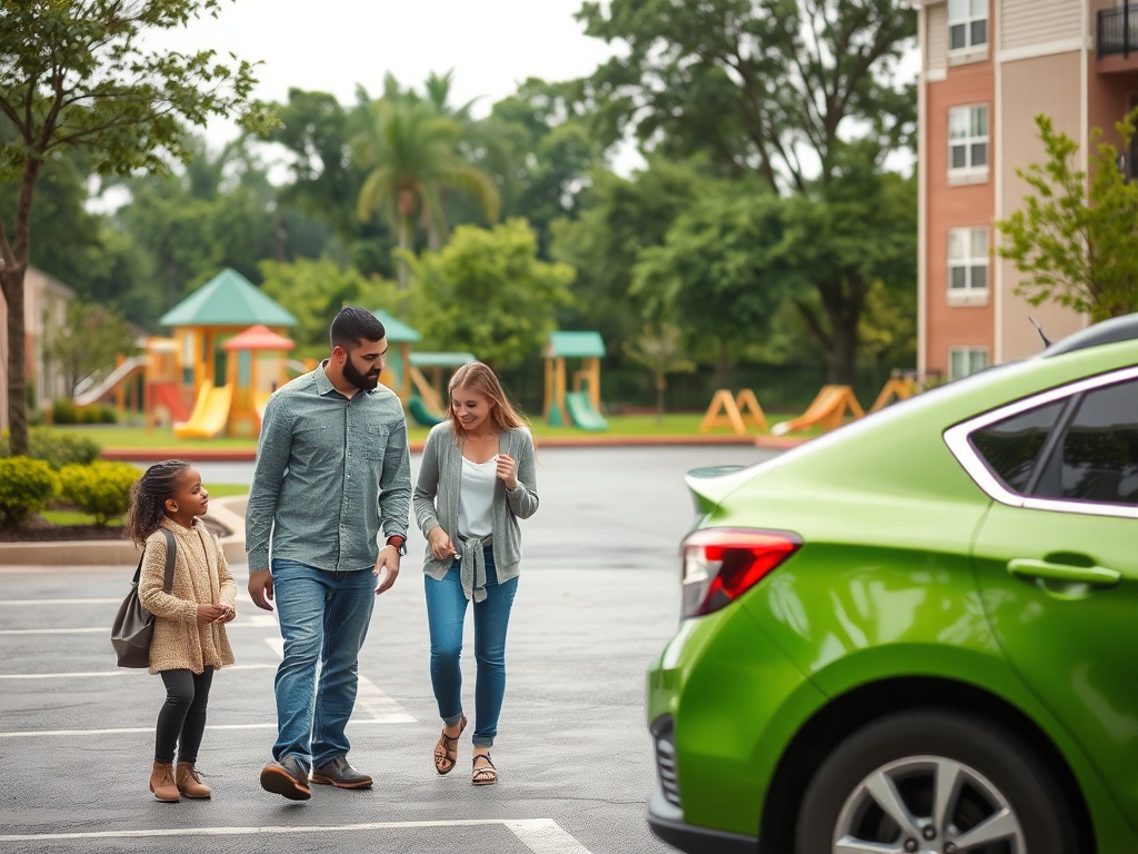 Семья идет к зеленому автомобилю на парковке, рядом с детской площадкой в жилом комплексе.