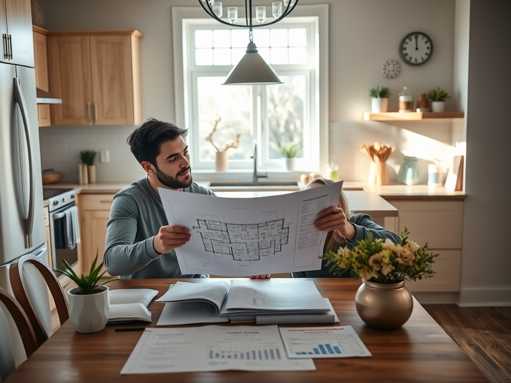 Человек изучает строительные планы за столом, в светлом кухонном интерьере. На столе - документы и цветы.
