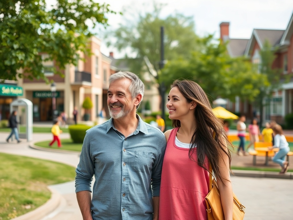 На фото пара прогуливается по красивой улице в городе, улыбается и наслаждается временем вместе.