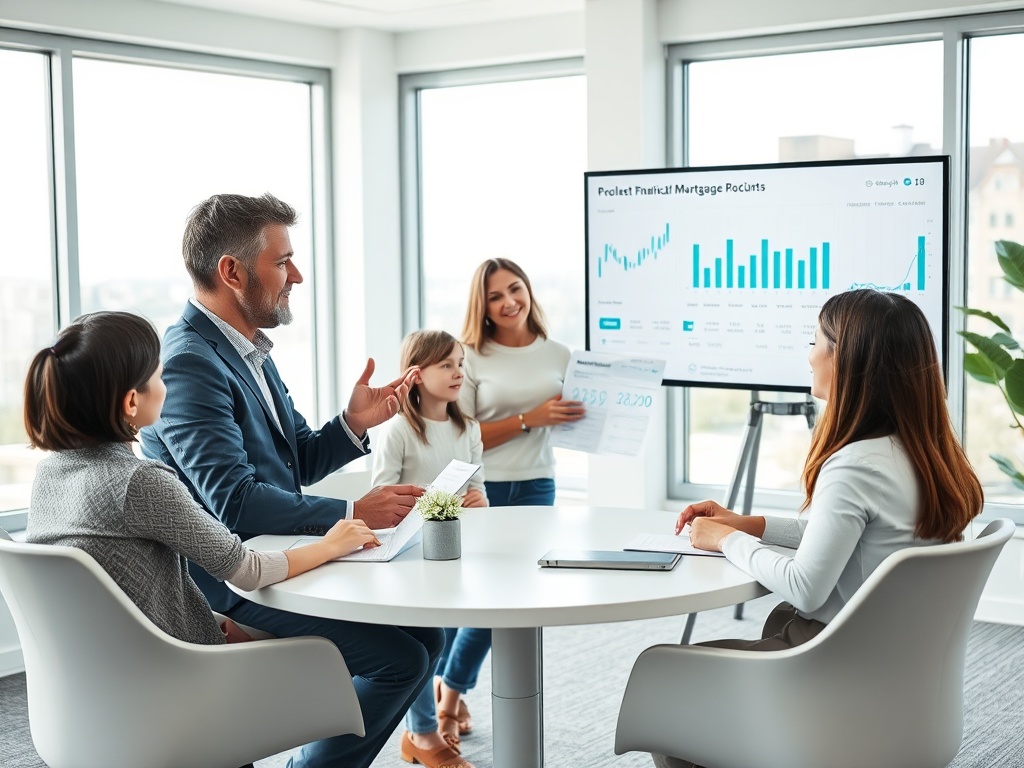 В современном офисе проходят обсуждения с участием четырех человек и презентацией на экране.