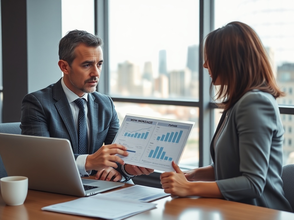 Два человека в офисе обсуждают графики на документе, сидя за столом с ноутбуком и чашкой кофе.