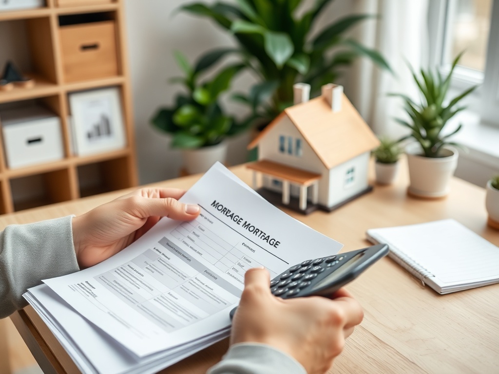 Человек рассматривает ипотечные документы и использует калькулятор на столе с миниатюрным домом и растениями.