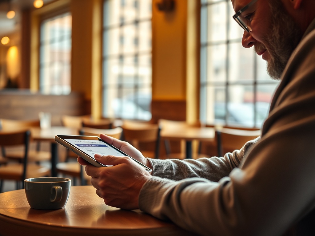 Мужчина в кафе читает на планшете, рядом чашка кофе и уютная атмосфера с мягким освещением.