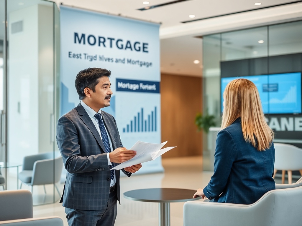 Мужчина в деловом костюме обсуждает ипотеку с женщиной в офисе, на заднем плане виден рекламный баннер.