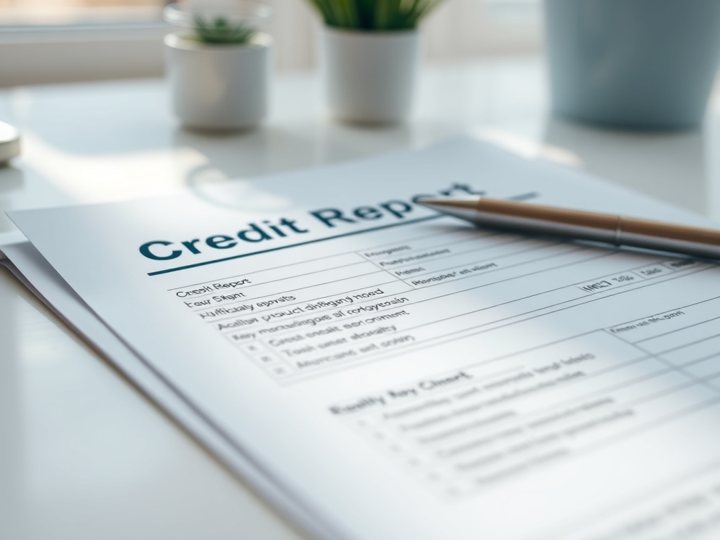 Документ с заголовком "Кредитный отчет" и ручкой на столе рядом с растением в горшке.
