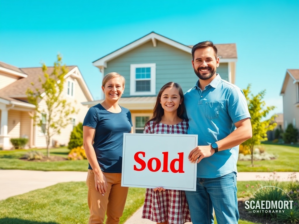 Семья стоит перед домом с табличкой "Продано" на фоне зелёного газона и голубого неба.